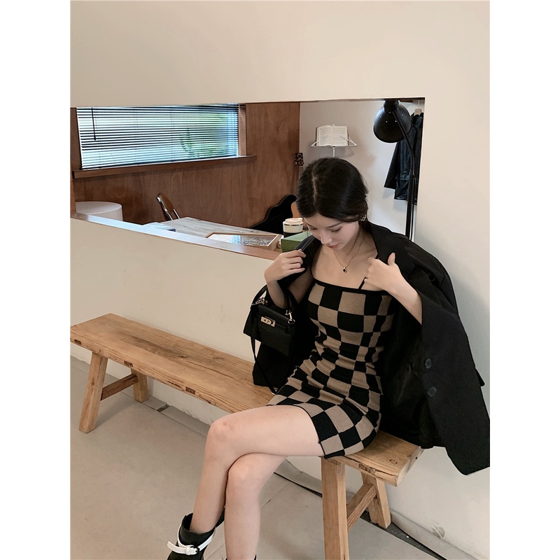 Hàn Quốc Tất Cả Phù Hợp Với Váy Dây Kẻ Caro Phụ Nữ