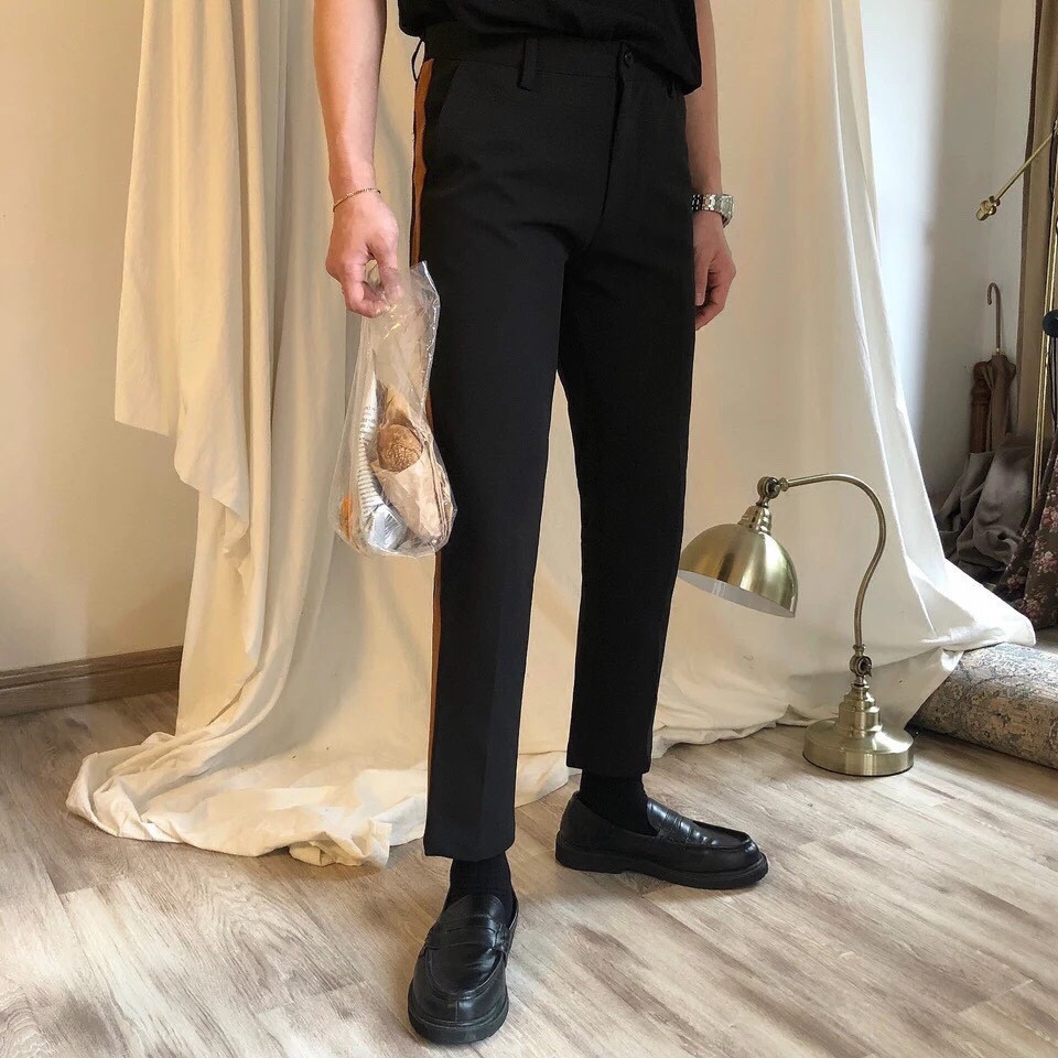 Quần baggy tây nam viền nâu, form slim fit trẻ trung | BigBuy360 - bigbuy360.vn