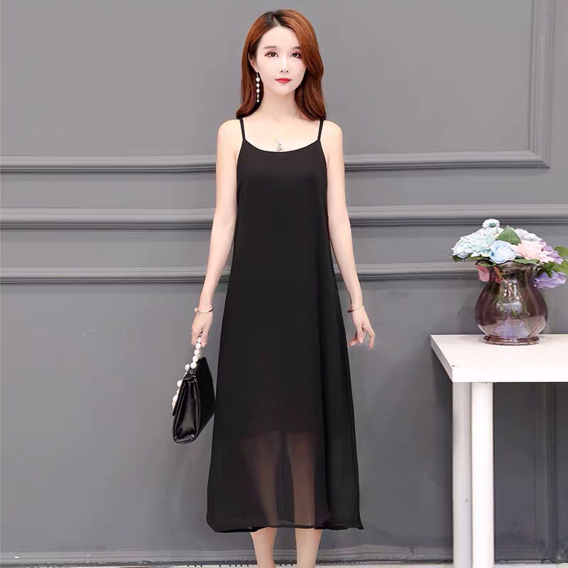 Váy 2 dây  dáng dài xẻ chất voan có lót, đầm hai dây trơn tiểu thư bánh bèo nữ tính 2 màu đen trắng