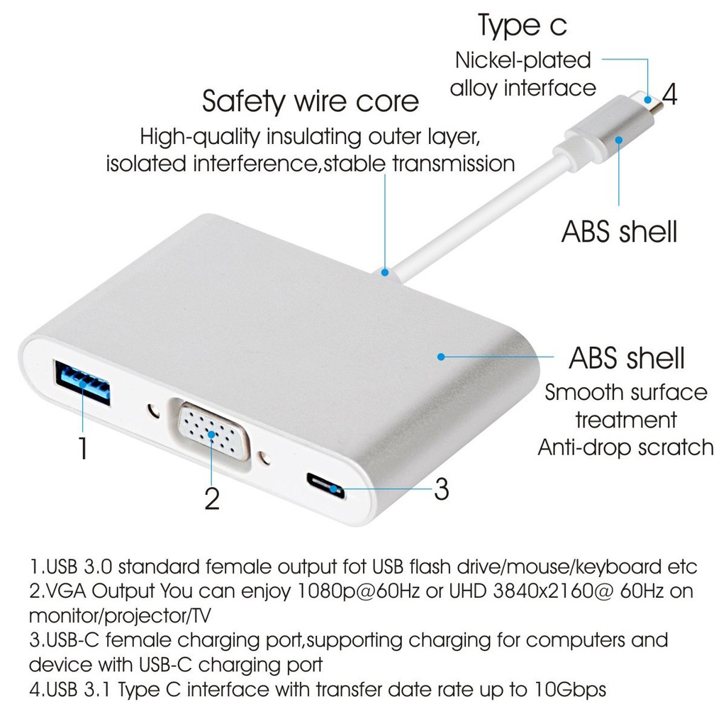 Cáp Chuyển Đổi Type-C Sang USB 3.0 VGA Adapter Cao Cấp