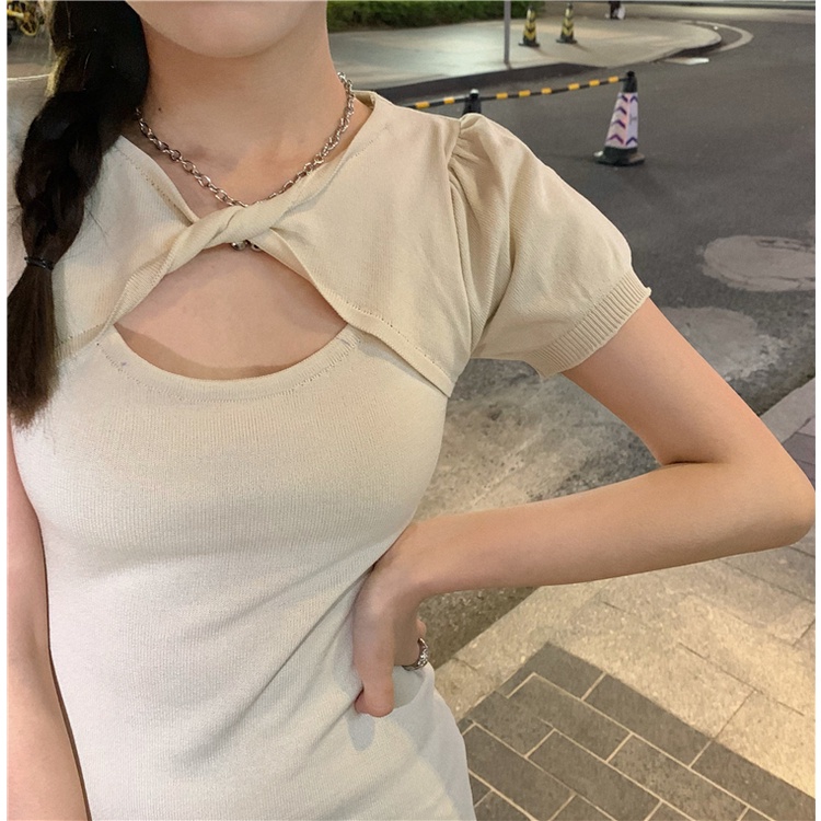 Xiaozhainv Đầm Dệt Kim Tay Ngắn Dáng Ôm Phong Cách Hàn Quốc Dành Cho Nữ