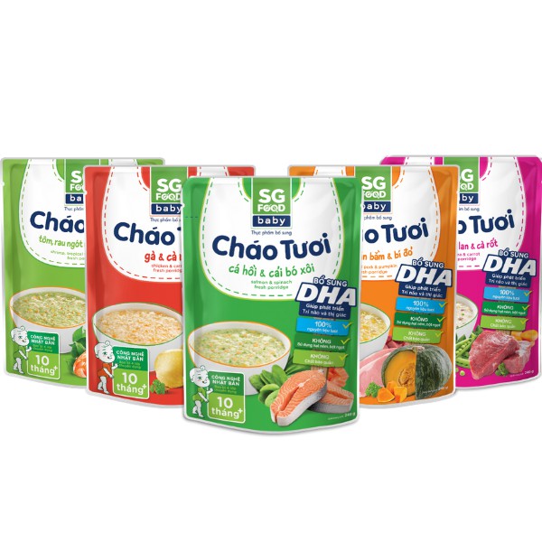 Lốc 53 - Combo 5 Cháo Tươi Baby Sài Gòn Food 240g (Gà, Thịt Bằm, Bò, Tôm, Cá Hồi)