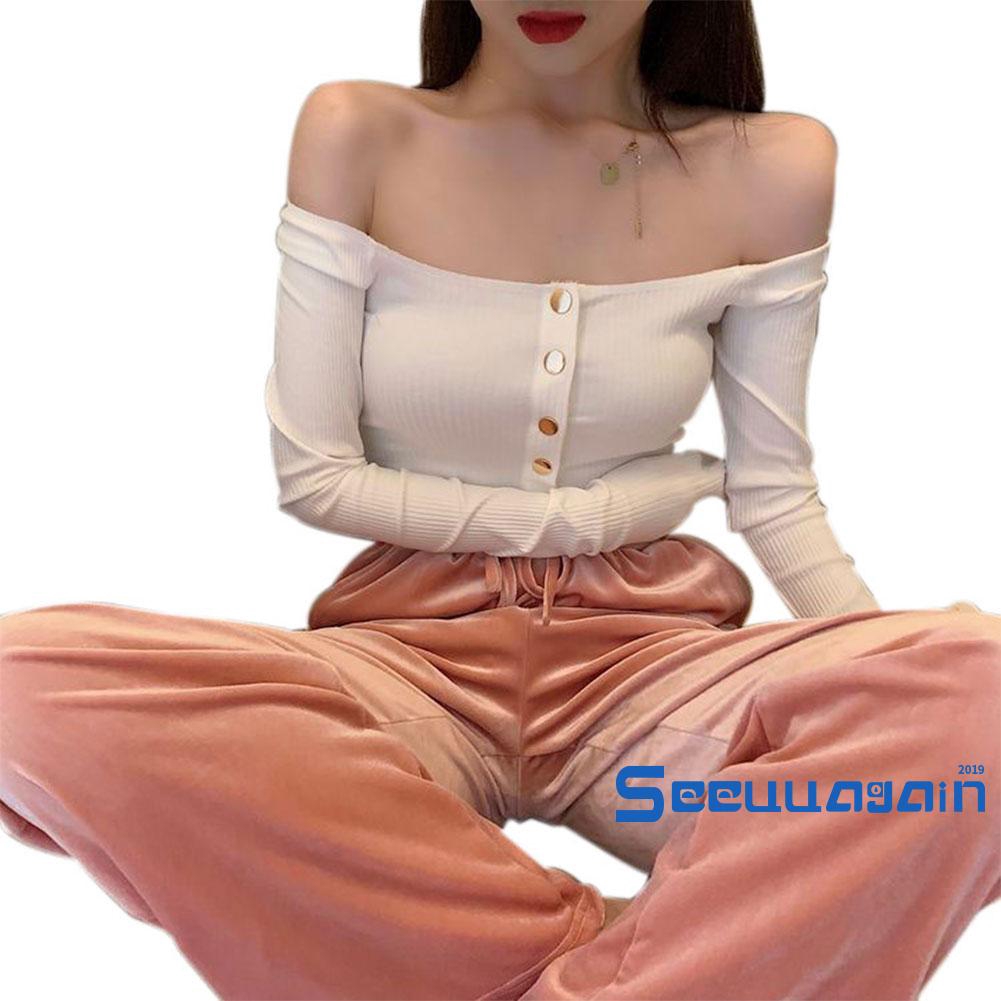 Áo croptop trễ vai tay dài phong cách thời trang quyến rũ