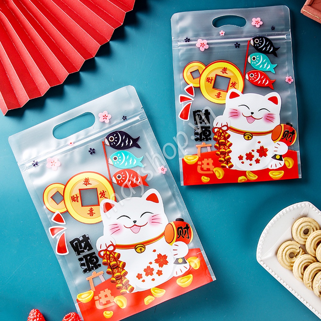 10 Túi zip đựng bánh quy Trắng mờ Mèo thần tài