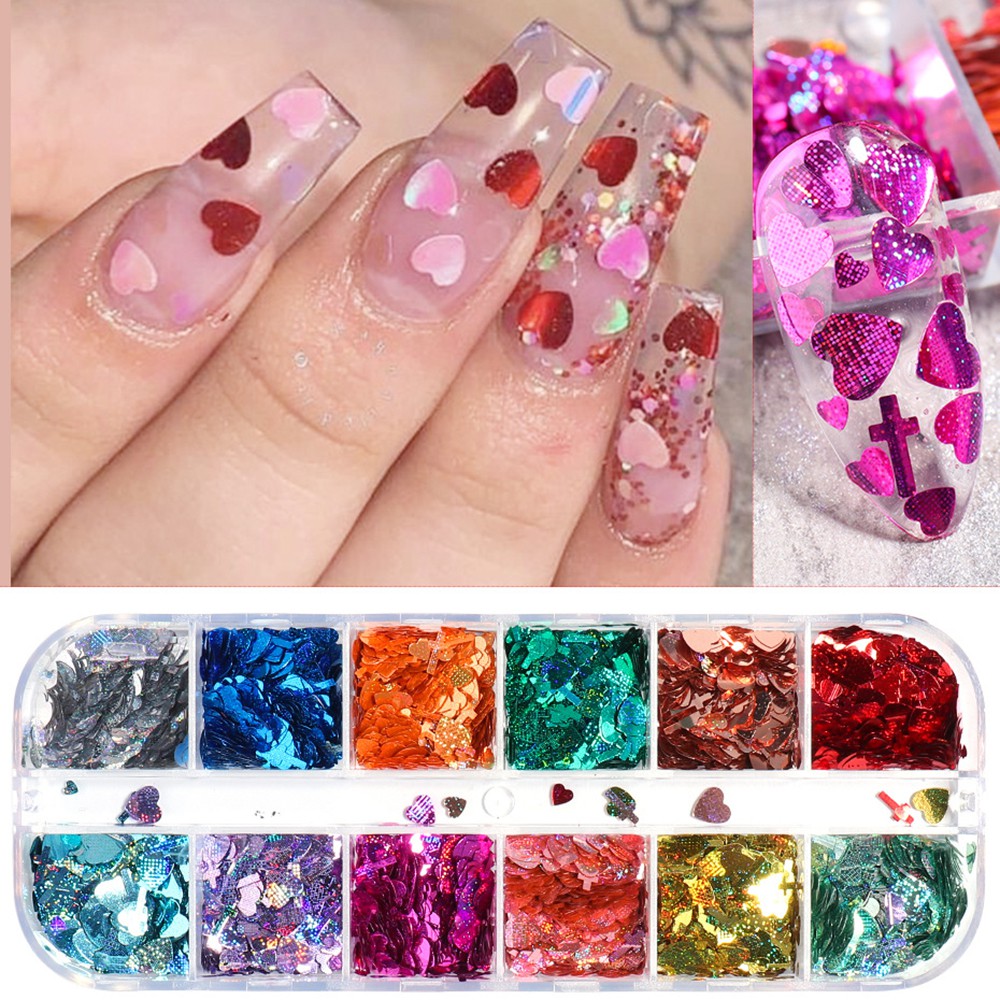 EXPEN 12 Grids/box Nail Sequins Laser Nail Glitter Flakes Nail Art Decoration 3D Love Heart DIY Sparkly Holographic Manicure