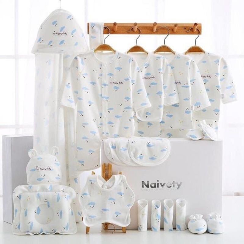Set quà tặng sơ sinh 23/21/19 chi tiết họa tiết mây có túi xách hộp đựng quà sang chảnh.