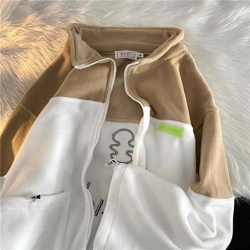 Áo Khoác Hoodie Dáng Rộng Phối Khóa Kéo Kiểu Retro Đường Phố Mỹ Cá Tính