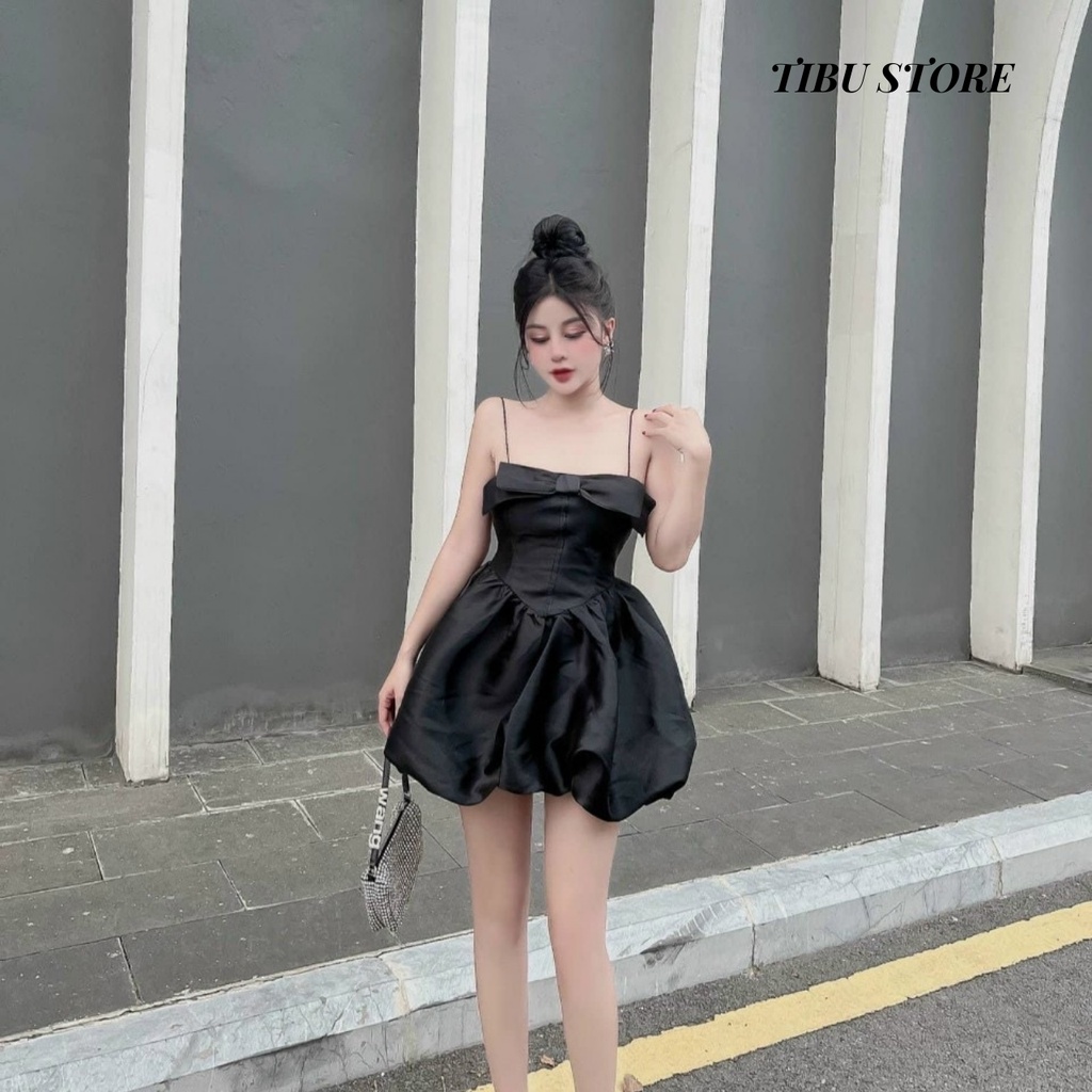 Đầm body hai dây đuôi bí Tibu, váy nữ xoè dáng ôm phối nơ (có mút) dự tiệc, đi chơi siêu xinh