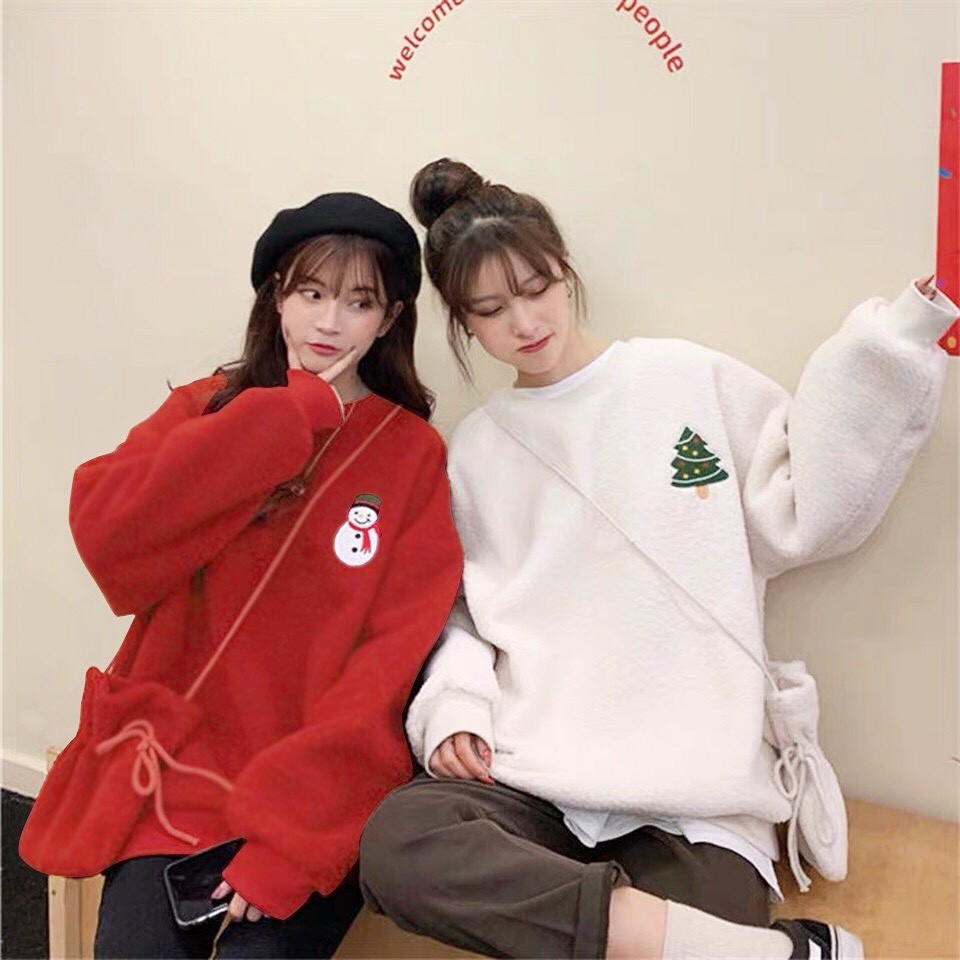 (TẶNG TÚI ĐEO) SET ÁO NỈ BÔNG NOEL COUPLE ĐỎ TRẮNG - ÁO SWEATER Giáng Sinh Cây ...