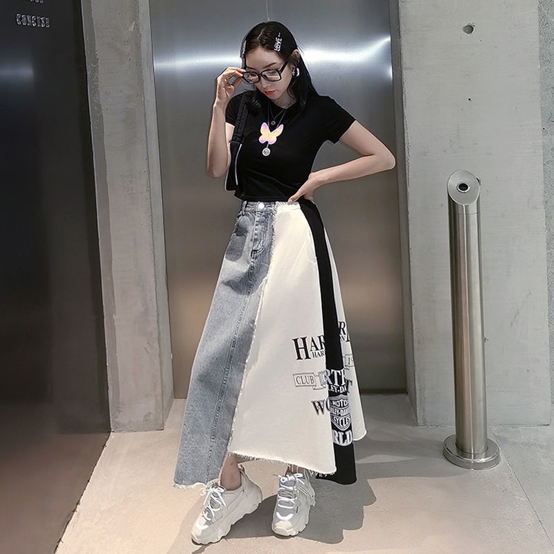 [LININ] Chân Váy Denim Lửng Eo Cao Vừa Vặn Ghép Mảnh Ghép Mảnh Ghép Vải In Chữ Thời Trang Phong Cách Mùa Hè