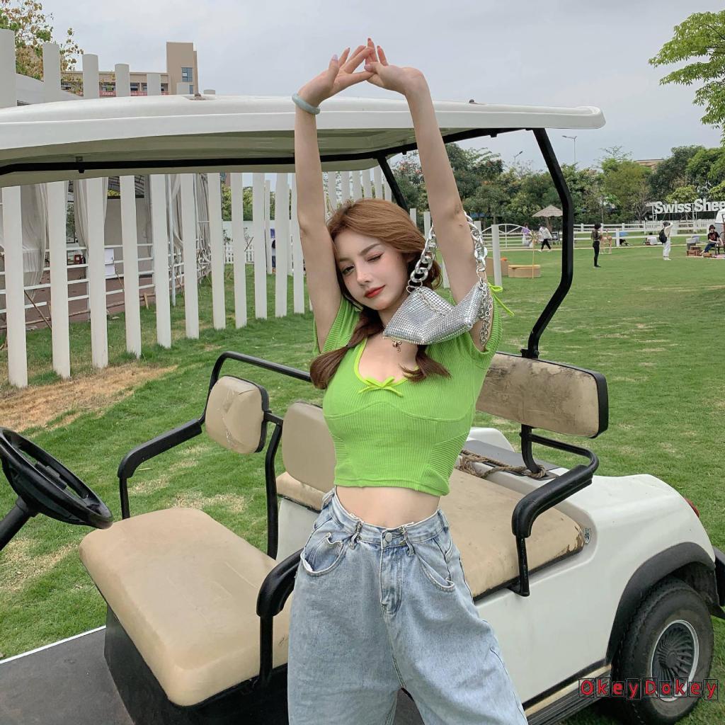 Áo Croptop Ngắn Tay Cổ Chữ U Thắt Nơ Thời Trang Cho Nữ