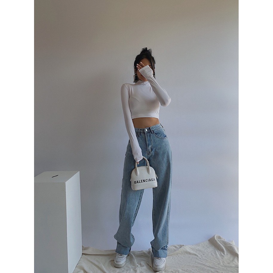 Áo Thun Croptop Tay Dài Cổ Lọ Trắng Đen Freesize "CROPTOP CỔ LỌ TAY DÀI" | BigBuy360 - bigbuy360.vn