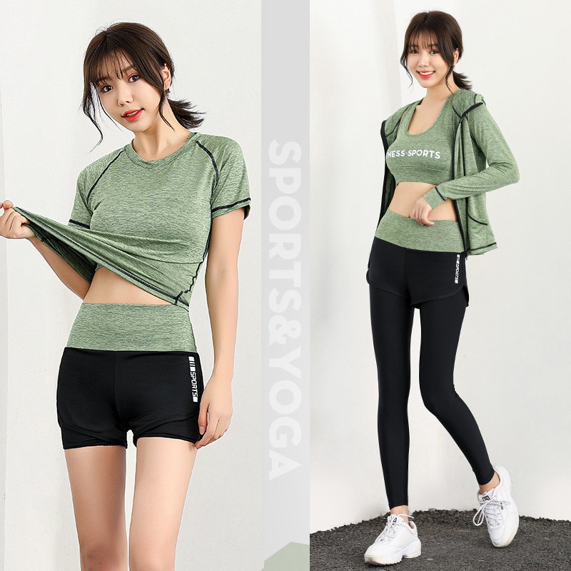 Set bộ tập Gym, Yoga 5 món ( quần dài + quần đùi + áo tay ngắn + áo bra + áo khoác có nón )