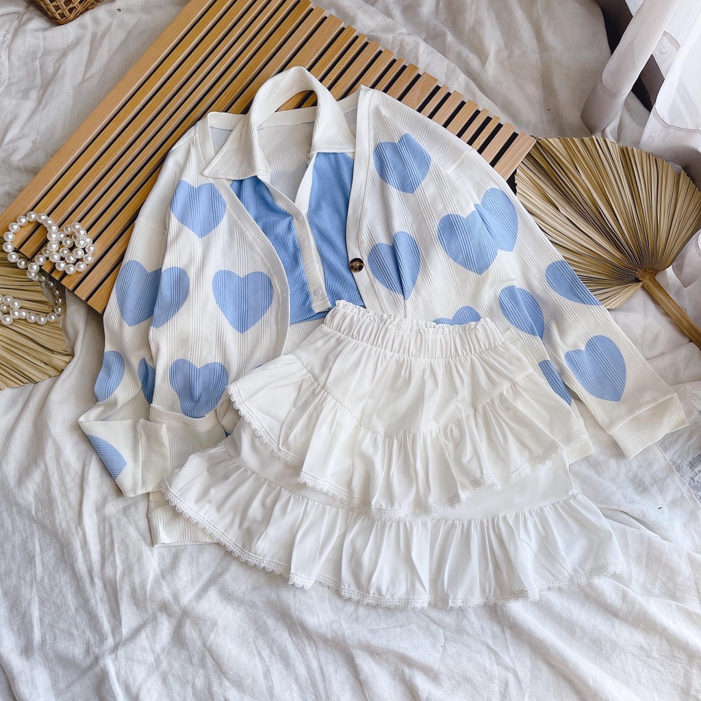 SET KHOÁC TIM XANH + ÁO CỔ YẾM + CHÂN VÁY TẦNG VIỀN REN