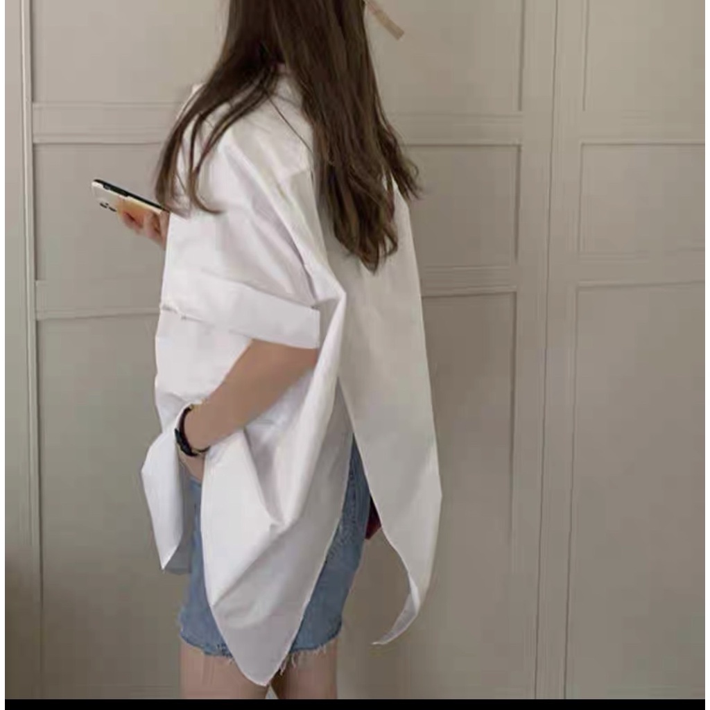 Áo Sơ mi thô trơn ngắn tay xẻ sau up