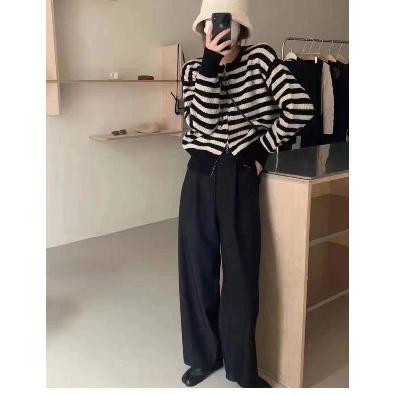 2022 Áo cardigan dệt kim dài tay thời trang Hàn Quốc với sọc xanh và dây kéo