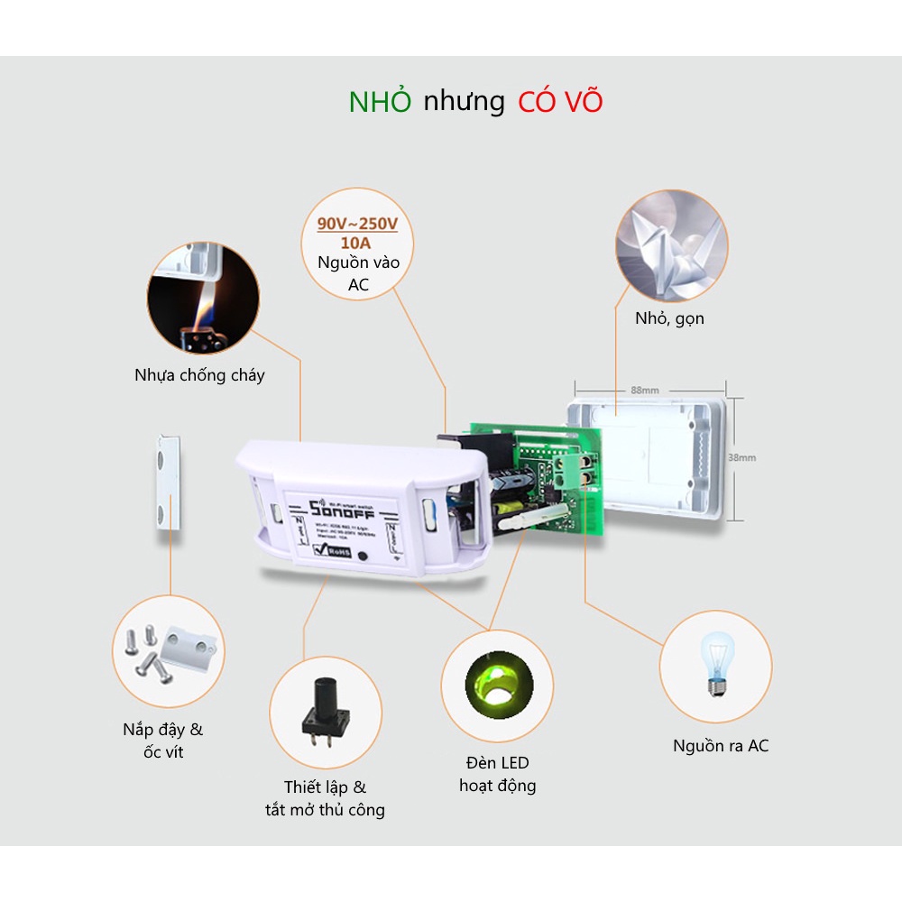 Công tắc Wifi, Công tắc điều khiển bằng Wifi Sonoff Basic R2 hỗ trợ điều khiển qua điện thoại, qua giọng nói