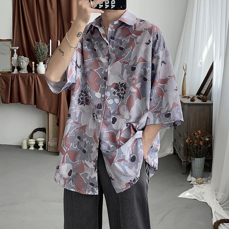 Áo Sơ Mi Tay Lỡ In Họa Tiết Hoa Toàn Diện Phong Cách Harajuku Hàn Quốc Thời Trang Cho Nam