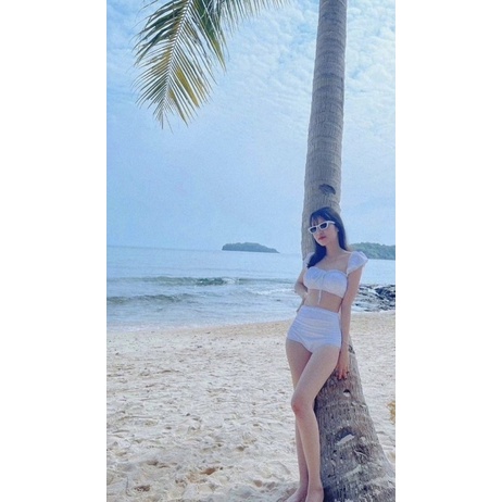 Bikini trễ vai bèo cạp cao che bụng màu trắng basic
