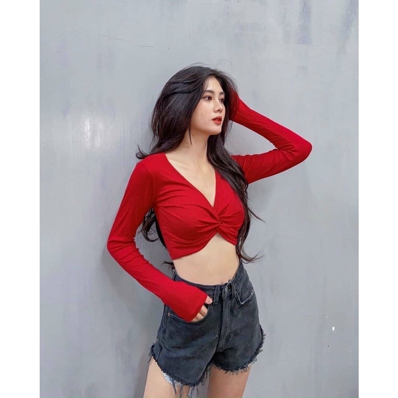 Áo croptop xoắn ngực tay dài, Áo Croptop Cổ V Khoét Sâu Xoắn Ngực Tay Dài Tôn Dáng Gợi Cảm A2171