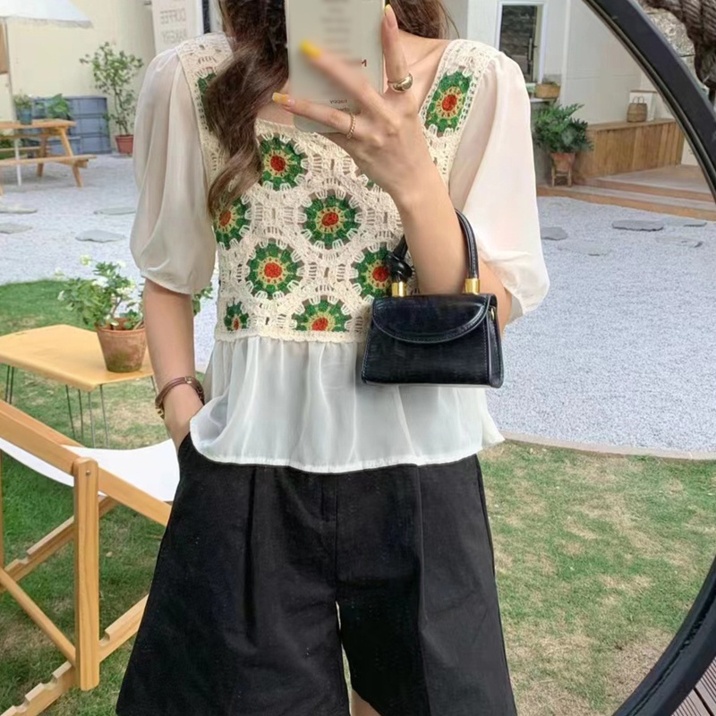 Áo Chiffon Cổ Vuông Tay Phồng In Họa Tiết Hoa Thời Trang Cho Nữ