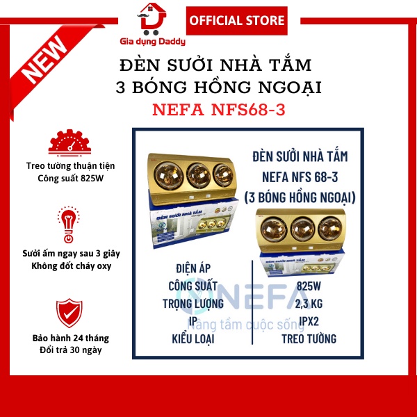 Đèn sưởi nhà tắm 3 bóng hồng ngoại NEFA NFS68-3, Bảo hành 24 tháng, An toàn chuyên dụng cho miền Bắc