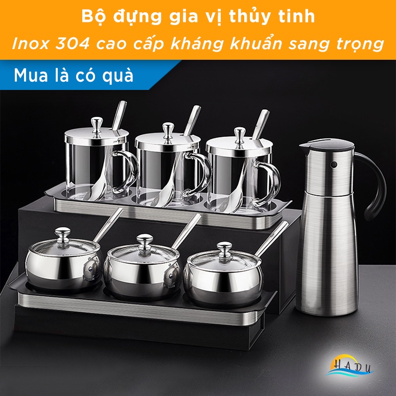 Hũ đựng gia vị thủy tinh đẹp có kèm thìa inox 304 cấp thực phẩm kháng khuẩn, bộ đựng gia vị nhà bếp cao cấp SSGP