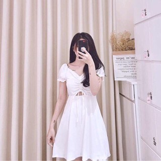ĐẦM TRẮNG KIKAN DRESS XÒE NHẸ - ĐẦM TAY PHỒNG DÂY RÚT NGỰC - VÁY TIỂU THƯ TRẮNG MẶC NHIỀU KIỂU