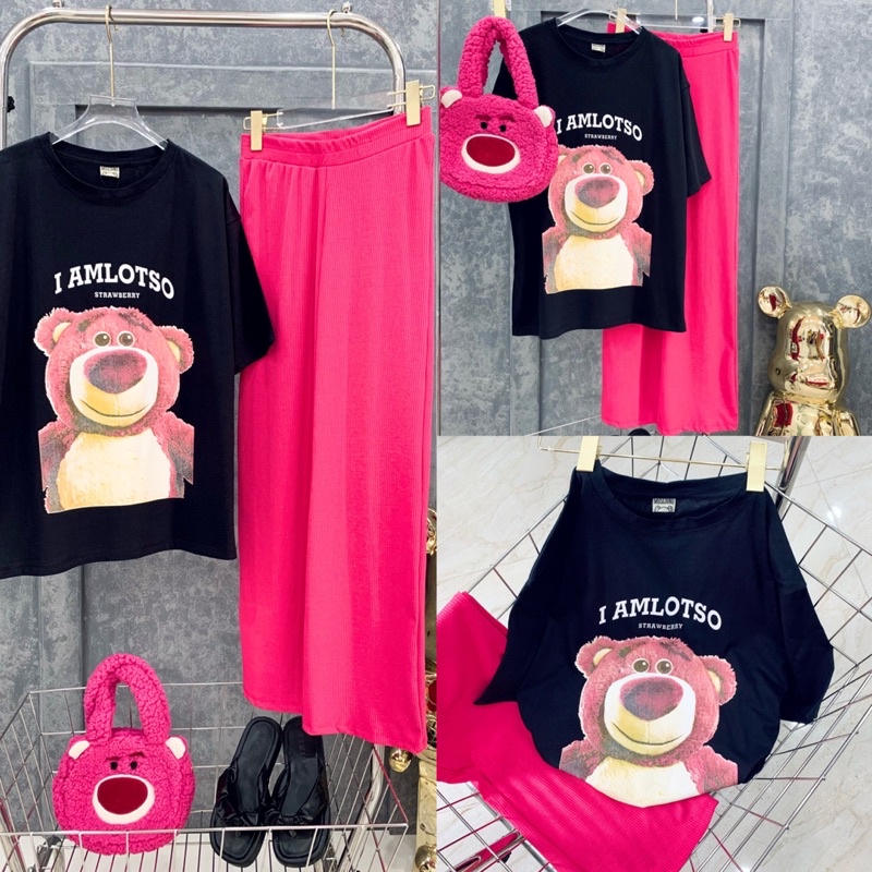 Set áo cotton gấu lotso xinh xắn quần suông hồng hình thật W4