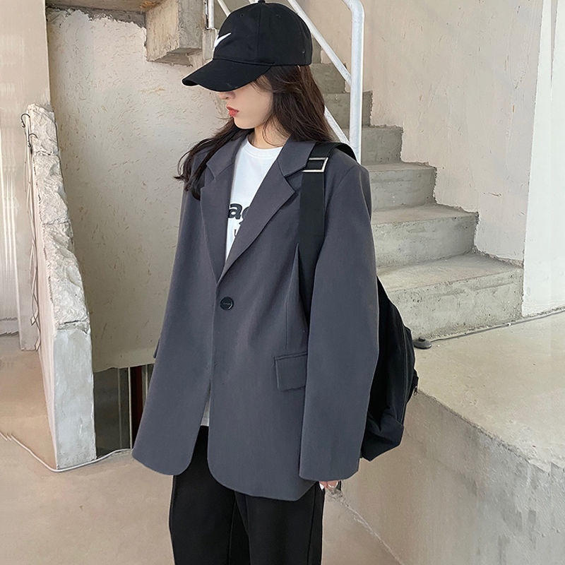Áo Khoác Vest Một Hàng Nút Dáng Rộng Cỡ Lớn Màu Xám Phong Cách Hàn Quốc Thời Trang Xuân Thu Cho Nữ oversize blazer