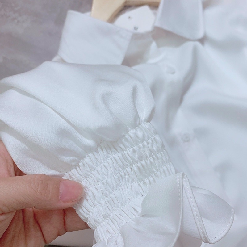 Áo Sơ Mi Trắng Cổ Đức Tay Bo Chun Xinh Xắn Mặc Đi Học Đi Làm Siêu Xinh