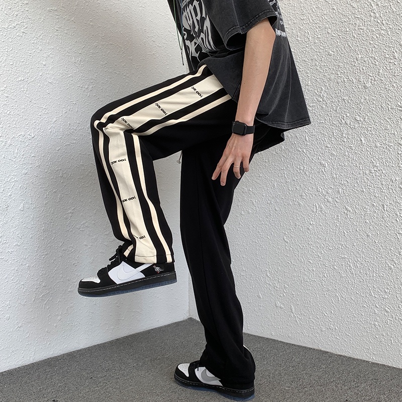 Quần Thể Thao Lưng Cao Ống Rộng In Họa Tiết Kẻ Sọc Bên Hông Phong Cách Đường Phố Mỹ Cho Nữ