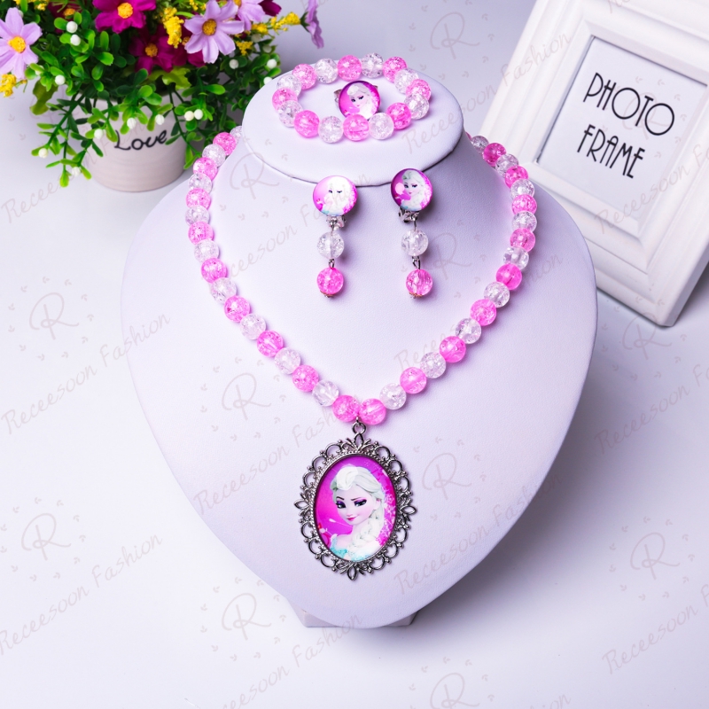 Bộ 5 vòng tay + khuyên tai + dây chuyền + nhẫn kiểu công chúa Elsa cho bé gái