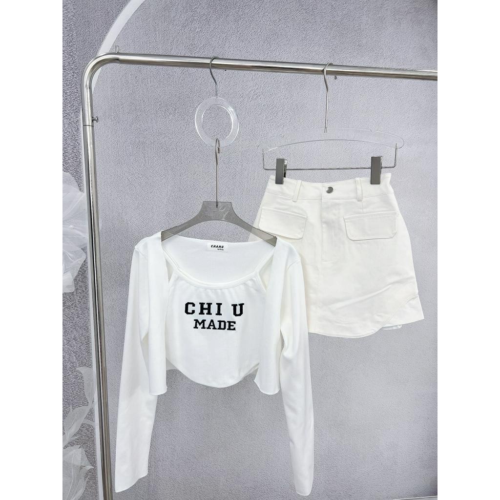 SET 3 MÓN CHỮ LAI BẦU: ÁO KHOÁC TAY DÀI + ÁO 2 DÂY CHỮ CROPTOP LAI BẦU + CHÂN VÁY (TH)