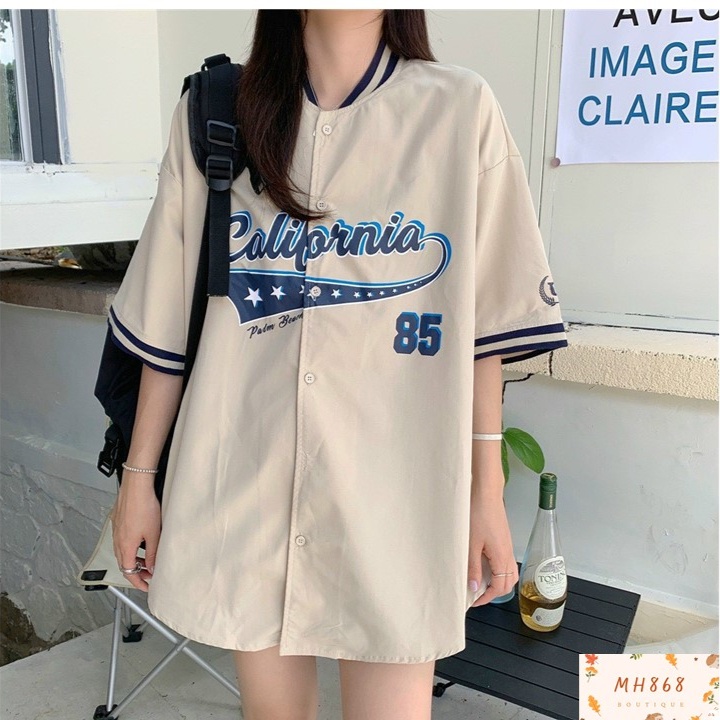 Áo sơ mi jacket in chữ Cali mùa hè dáng bomber tay lửng chất thô mềm phong cách hàn quốc