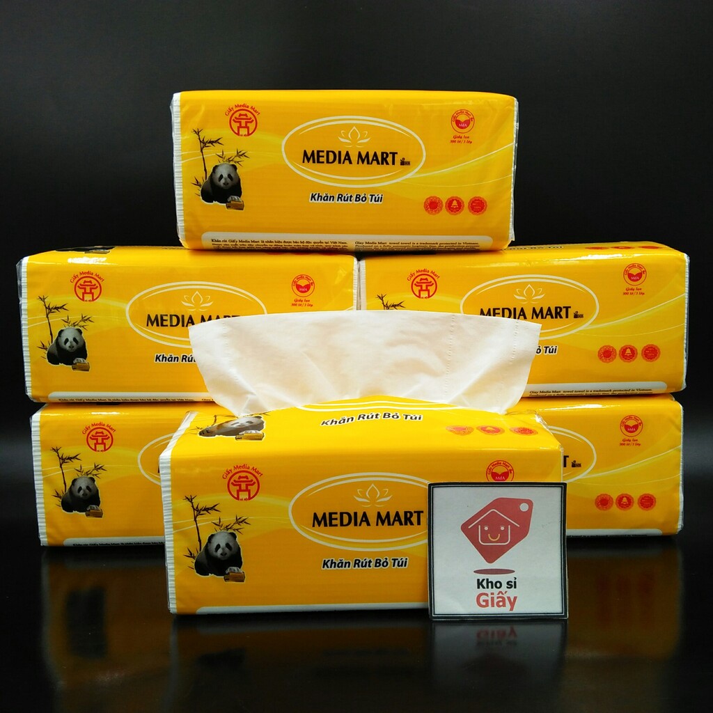 Combo 6 bịch khăn giấy rút Media Mart 300 tờ/3 lớp gấu trúc siêu dai mềm mịn - Giấy rút trắng loại 1 bịch lớn