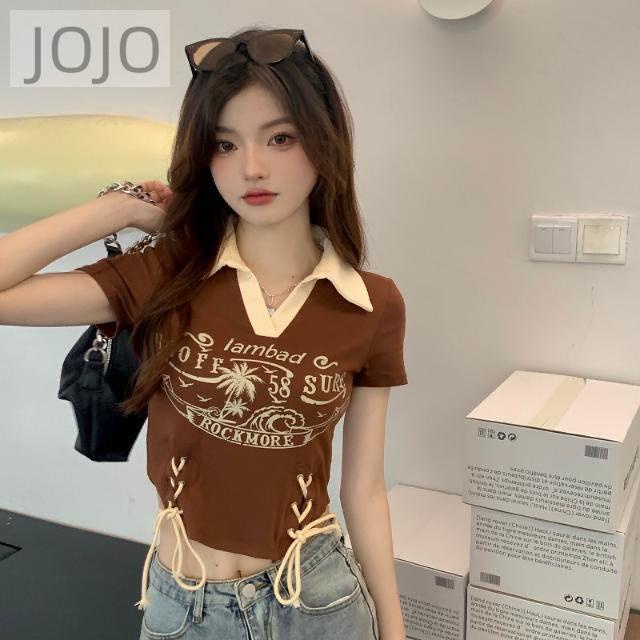 Áo Thun Ngắn Ôm Eo Cột Dây Cổ Lật Màu Sắc Tương Phản Phong Cách Retro Đường Phố Mỹ Cho Nữ