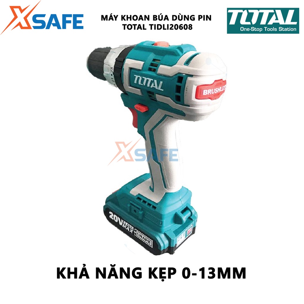 Máy khoan bê tông dùng pin 20V không chổi than TOTAL TIDLI20608 hai tốc độ 450-1900v/p, kèm 2 pin 2Ah 1 sạc nhanh -xsafe