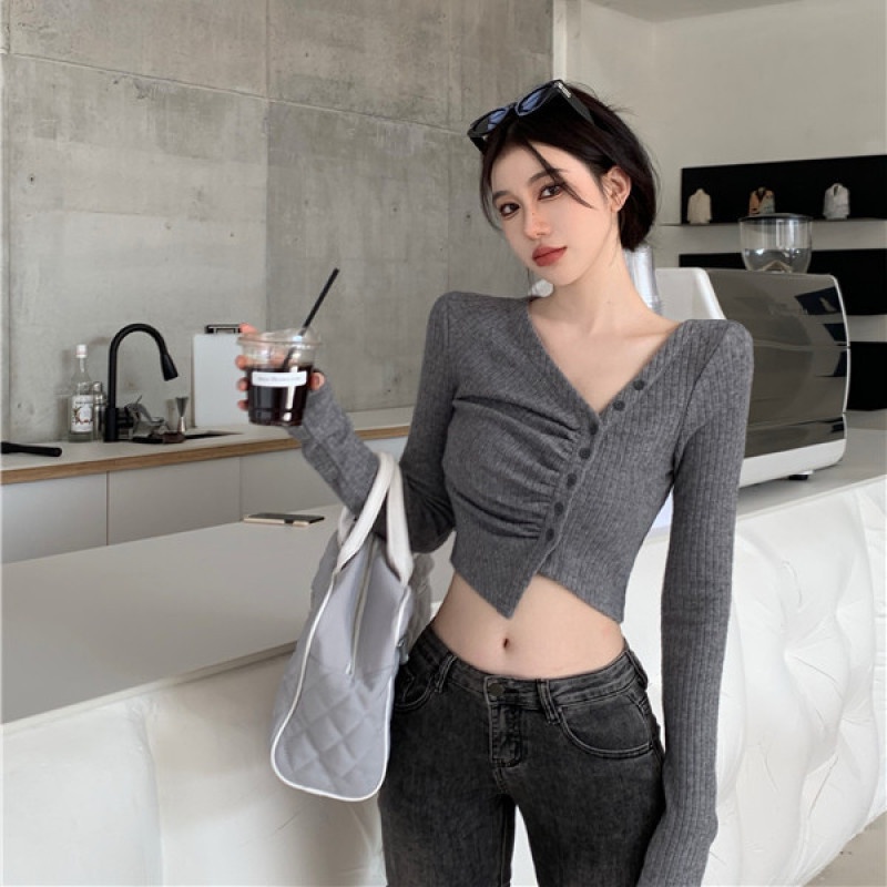 Áo Croptop Dệt Kim Tay Dài Thiết Kế Hợp Thời Trang