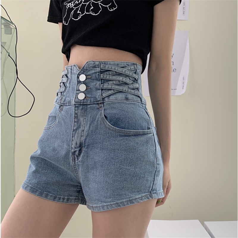 Quần Short Denim Lưng Cao Phong Cách Retro Thời Trang Hàn Quốc Cho Nữ