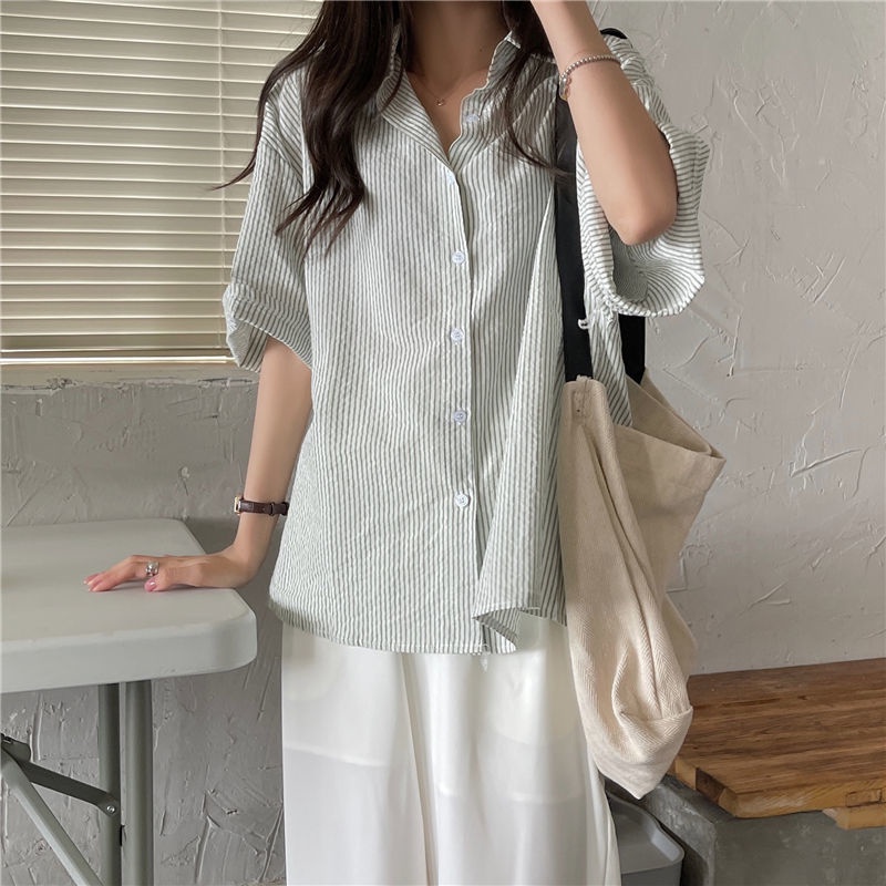 Áo sơ mi IELGY dáng rộng họa tiết kẻ sọc phong cách Hàn Quốc thời trang cho nữ