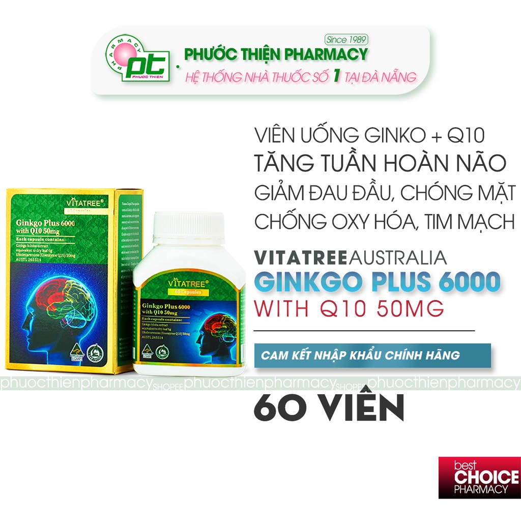 Viên uống bổ não ginkgo q10 Vitatree Ginkgo Plus 6000 60 viên - Ginko Biloba Q10 hỗ trợ tuần hoàn não, tim mạch