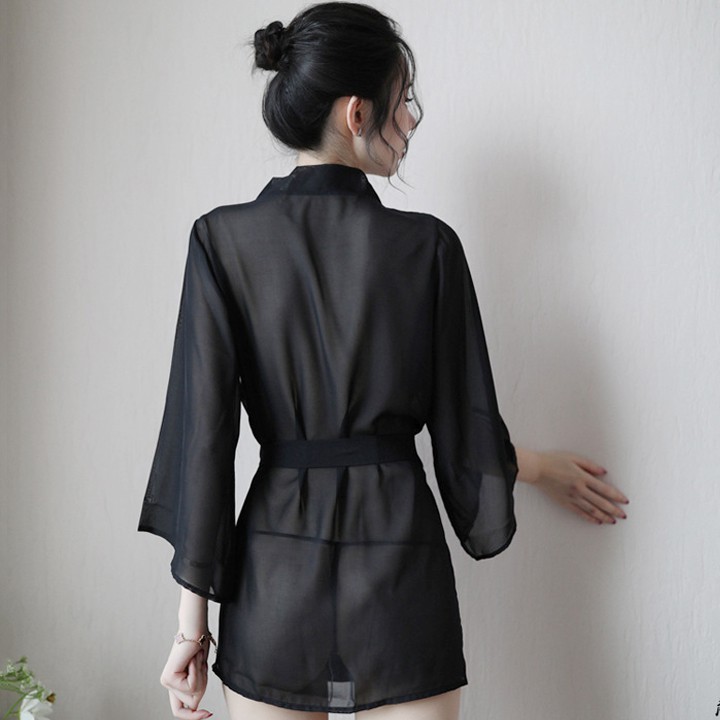 Váy ngủ xuyên thấu gợi cảm áo choàng sexy kiểu kimono tay dài có túi xinh xắn