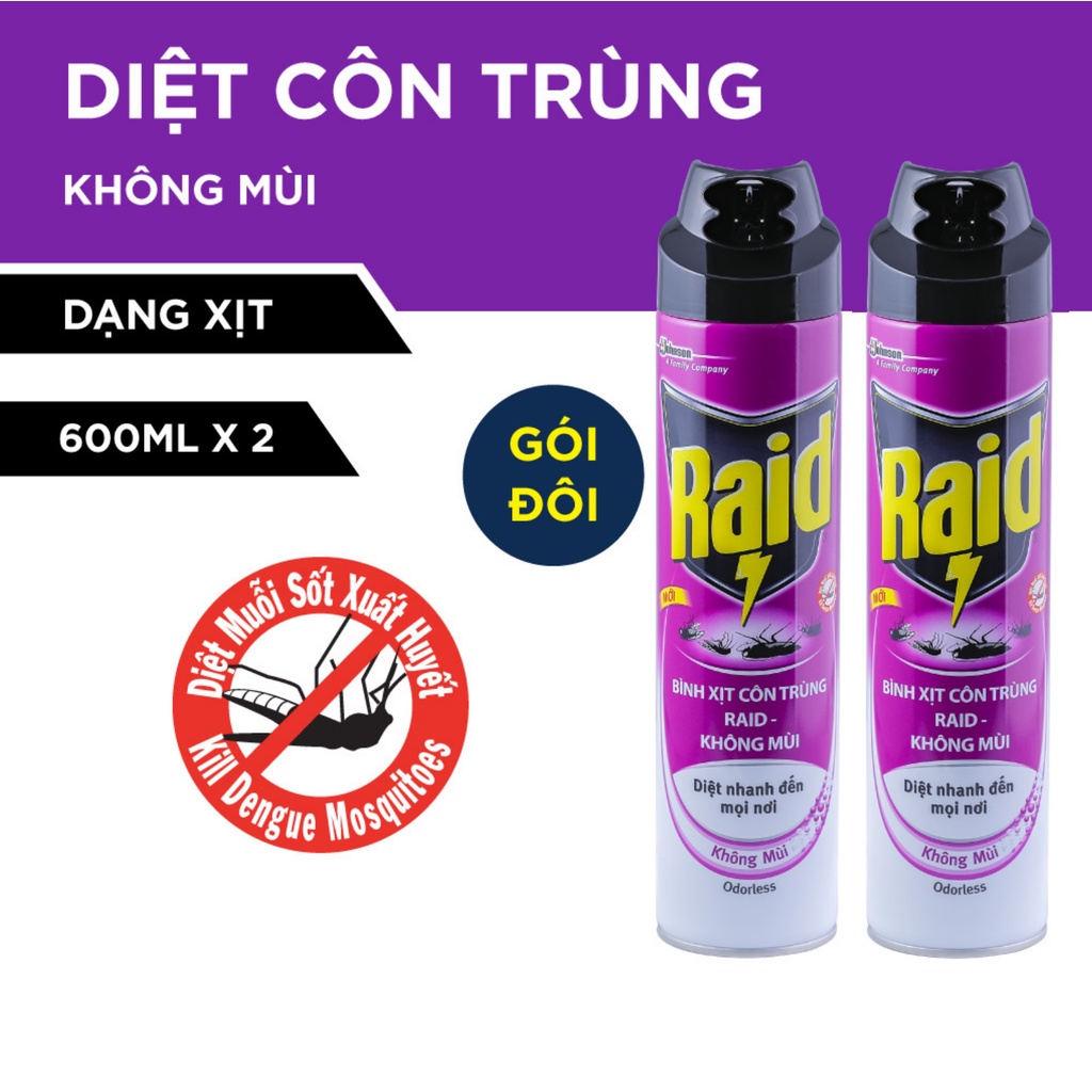 Combo 2 Bình xịt côn trùng RAID Không Mùi thoáng mát 600ml/bình