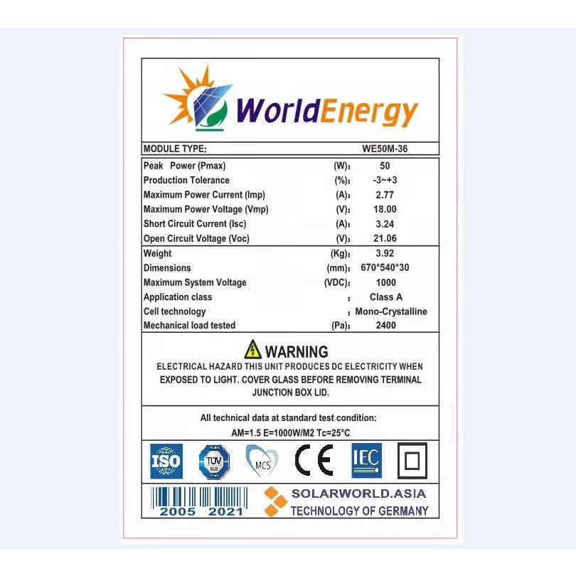 Pin mặt trời mono 50w/18v WorldEnergy - tặng 1 cặp jack mc4 đơn