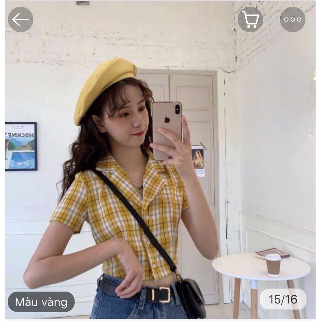 Áo Sơ Mi Croptop🌸 Tay Ngắn Kẻ Caro Chất Thô Mềm🌸Áo Croptop Cổ Vest Kẻ Caro🌸 | BigBuy360 - bigbuy360.vn