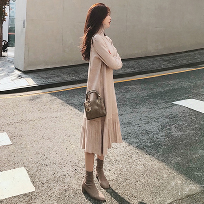 Đầm Sweater Dệt Kim Tay Dài Cổ Lọ Thiết Kế Mới Thời Trang Mùa Thu Đông Dành Cho Nữ