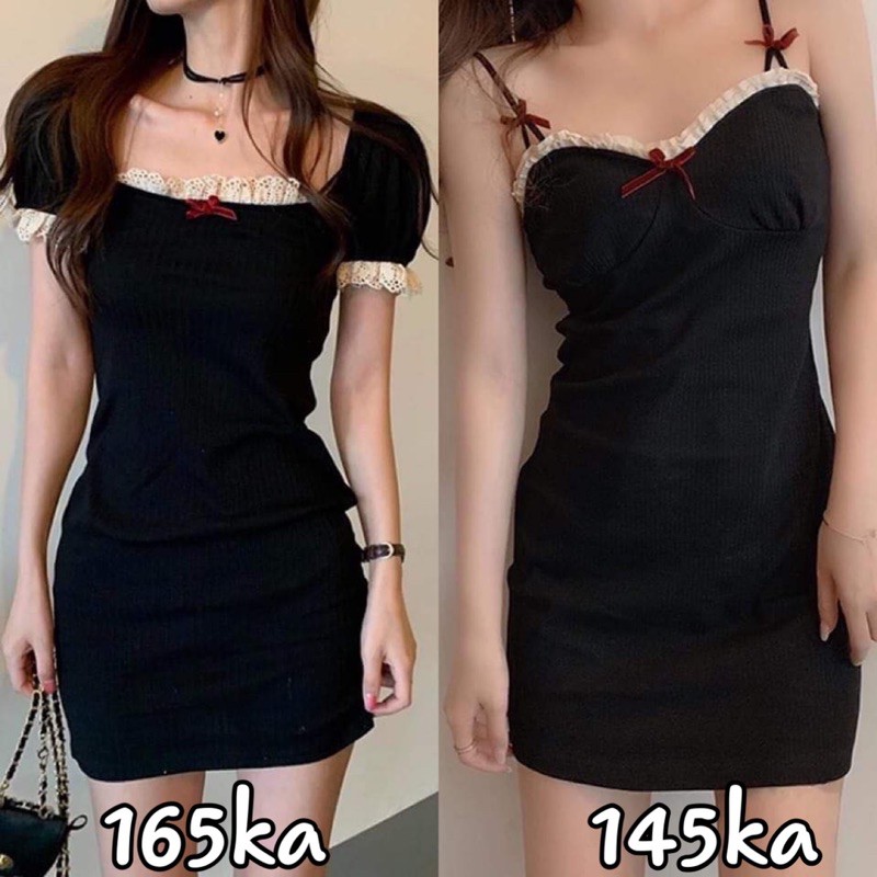 Đầm Tay Ngắn Cổ Vuông Phối Ren Nơ Đỏ Dáng Ôm Body