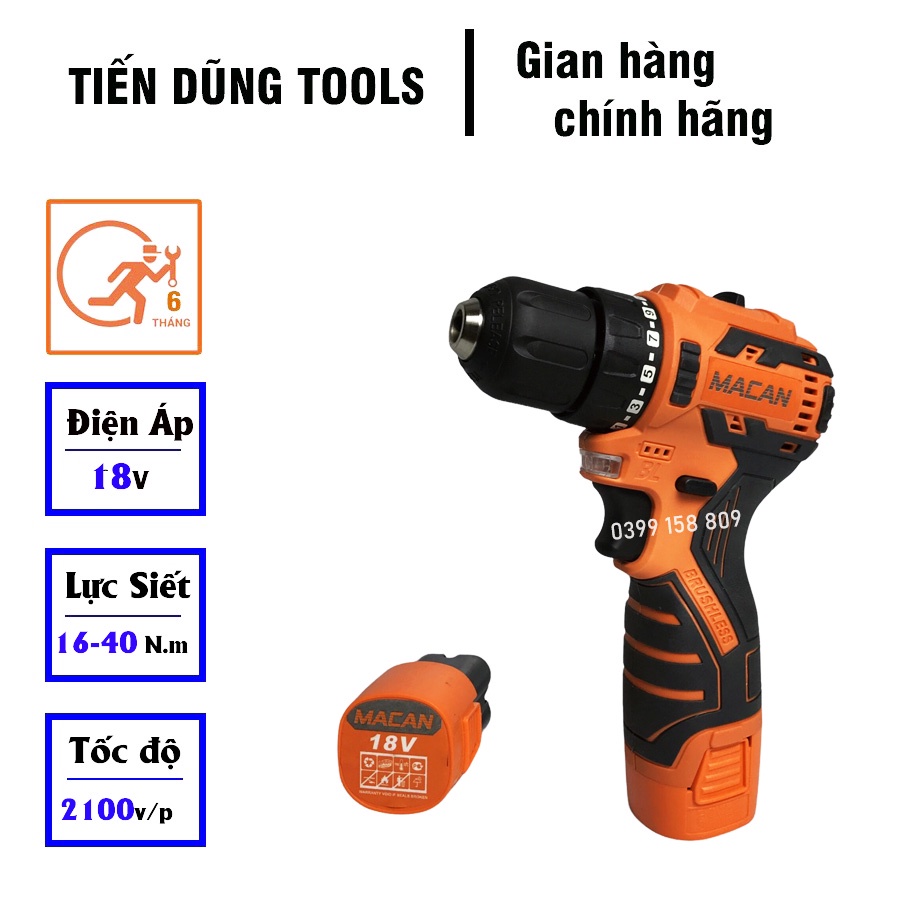 Máy Khoan Dùng Pin 18V MACAN không Chổi Than 2 Pin 4 Cell