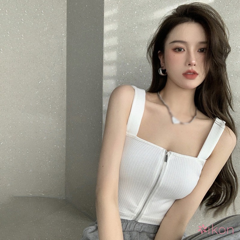 Áo Dệt Kim Hai Dây Dáng Ôm Màu Sắc Đơn Giản Có Khóa Kéo Thời Trang